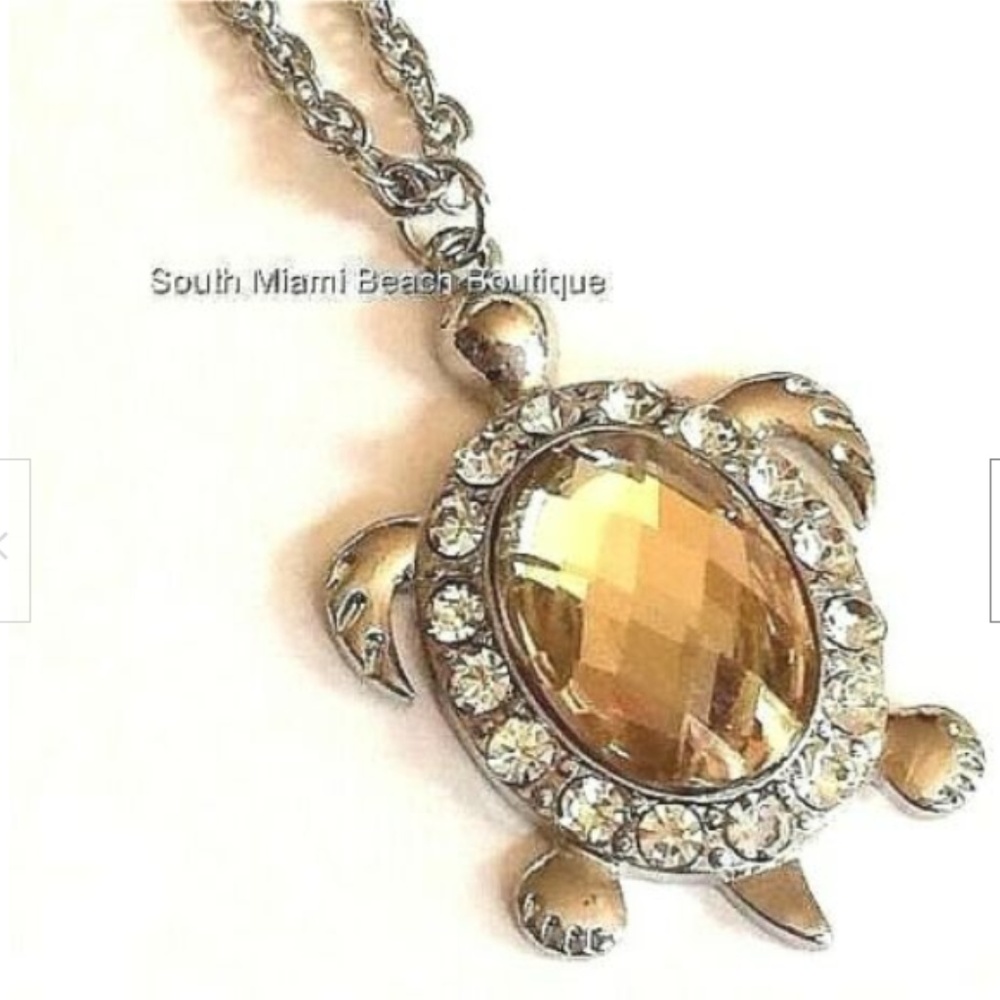 Sea Turtle Necklace 19" Silver Plated Crystal Nautical Island Beach Faux Topaz